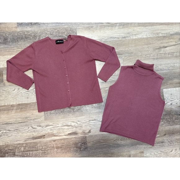 Vtg Sag Harbor Sweater Set Petite Mauve Twinset Cardigan Turtleneck 90s Y2K - Picture 3 of 15